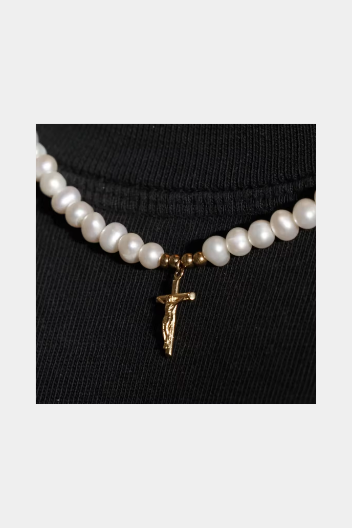 COLLIER DE PERLES CRUCIFIX - ACIER INOXYDABLE