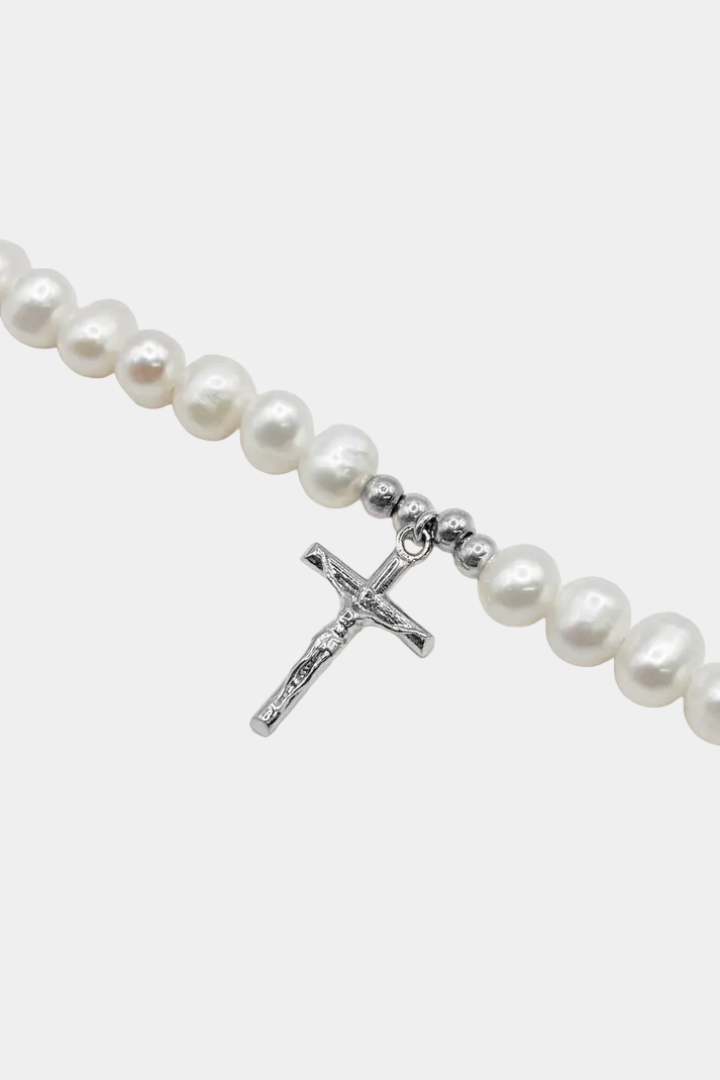 COLLIER DE PERLES CRUCIFIX - ACIER INOXYDABLE