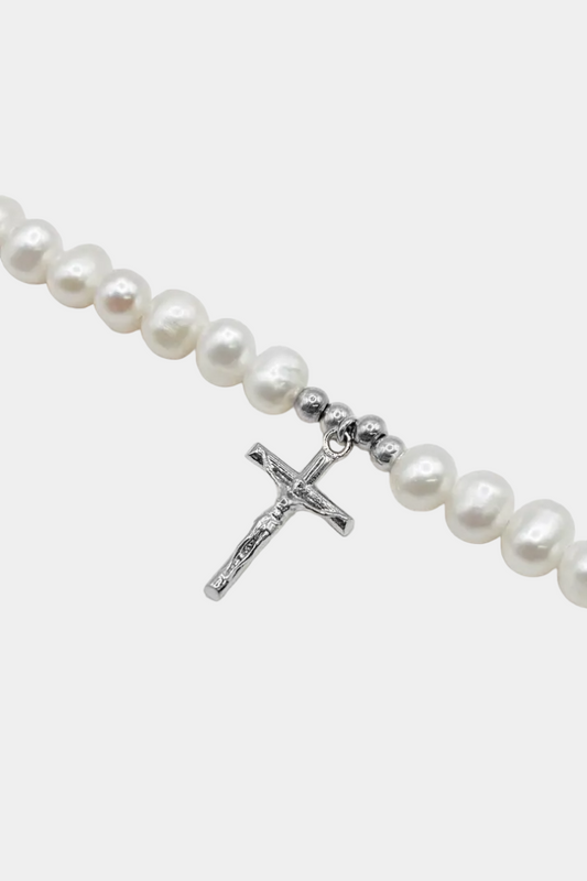 COLLIER DE PERLES CRUCIFIX - ACIER INOXYDABLE